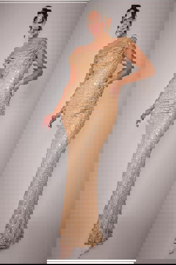 Cap Sleeve Iridescent Sequin Cowl Maxi Dress - Gold DR4633PLUS