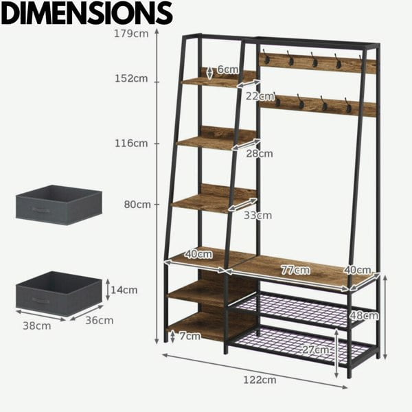 Rafaelo Mobilia Industrial Coat Rack Stand With 2 Fabric Drawers & 9 Hooks