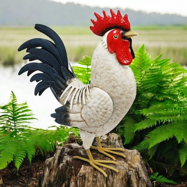 EDH Door Hardware Metal White Cockerel (44cm x 16cm x 36cm) – Handcrafted Rustic Rooster Garden Ornament Farmyard Statue