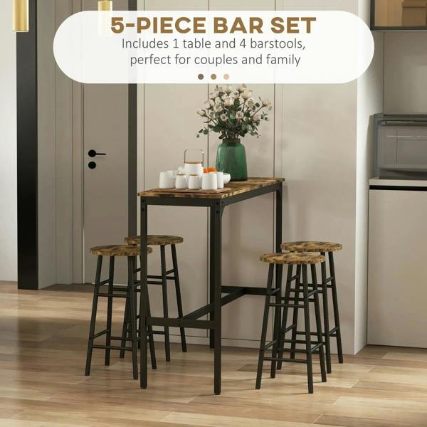 Rustic brown 5-piece bar table set with four bar stools, square tabletop and black legs
