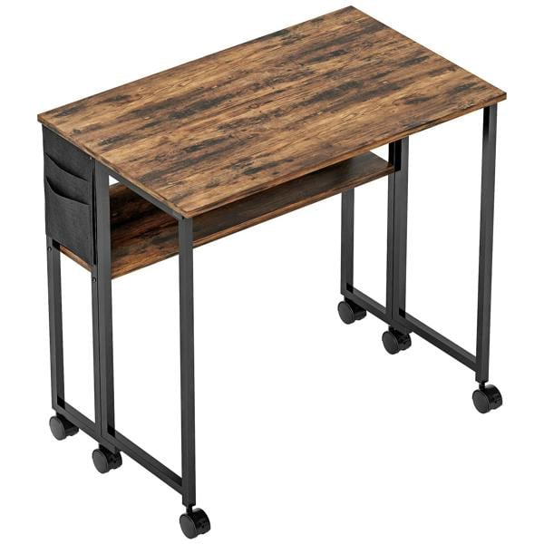 Rustic brown drop-leaf writing desk with dark metal legs and rolling casters