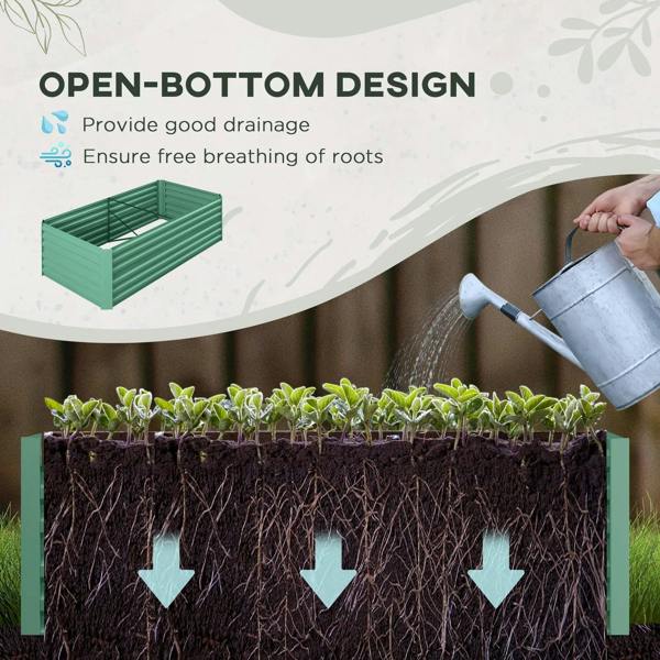 Light green open-bottom raised garden bed planter with visible soil and drainage space