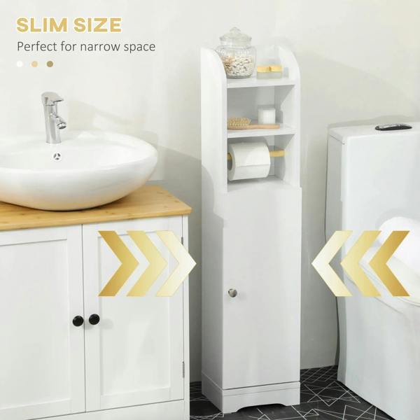 White slim bathroom cabinet with open shelving and a single lower storage door