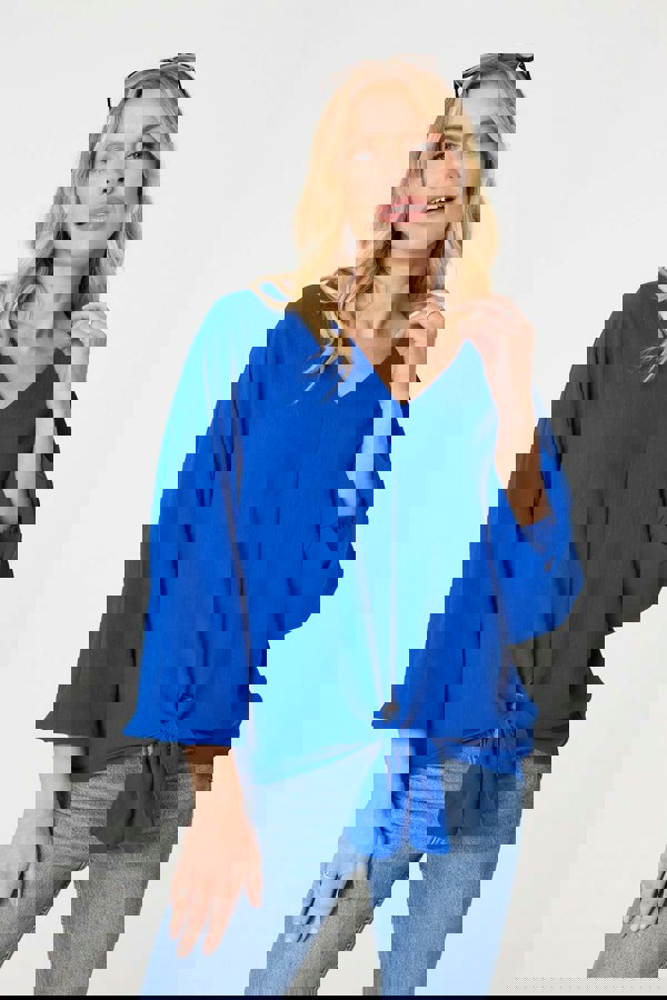 Blue | Knot Front Relaxed 3/4 Sleeve Blouse