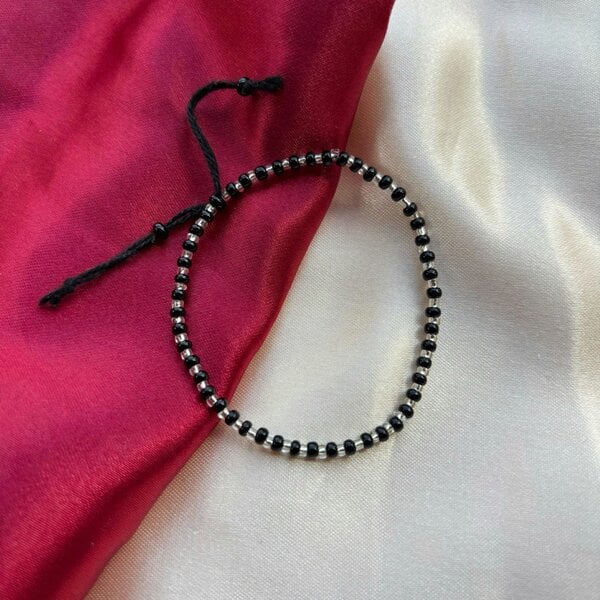 The Colourful Aura Adjustable Silver Black Beads Bracelet For Newborns and Adults