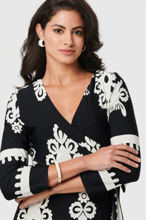 Black | Ikat Print 3/4 Sleeve Wrap Maxi Dress
