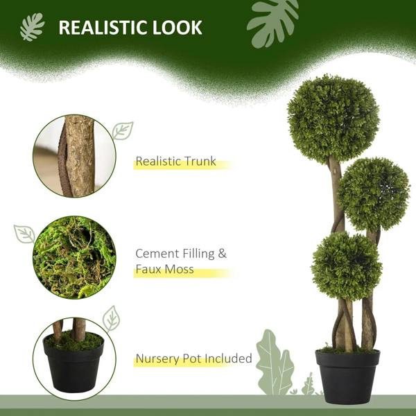Artificial boxwood ball topiary tree set with three green sphere tops, black planter