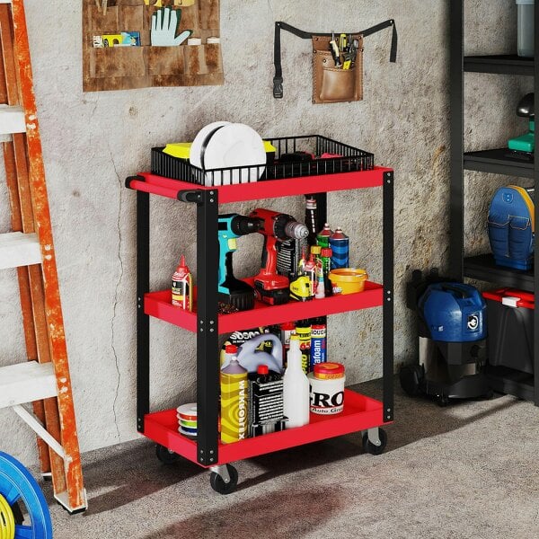 HOMCOM Tool Utility Cart Heavy Duty Swivel Castors Black Red