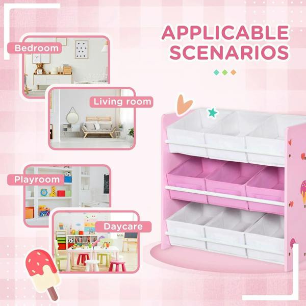 Pink kids storage rack with nine removable bins, close-up of open front storage