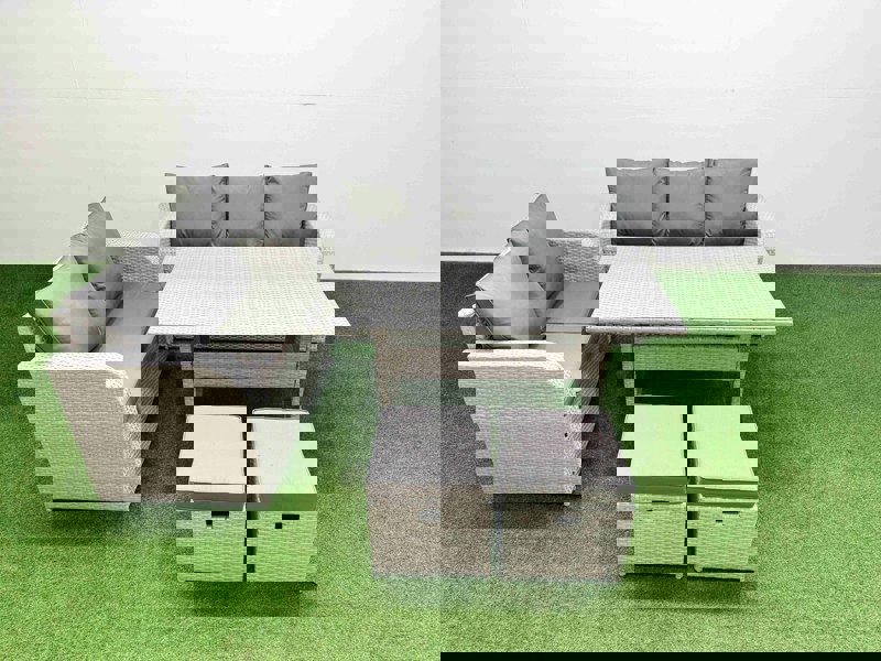 Fimous 7 Seater PE Rattan Wicker Garden Furniture Patio Conservatory Sofa Set with Rectangular Dining Table 3 Seater Sofa Love Sofa 2 Stools