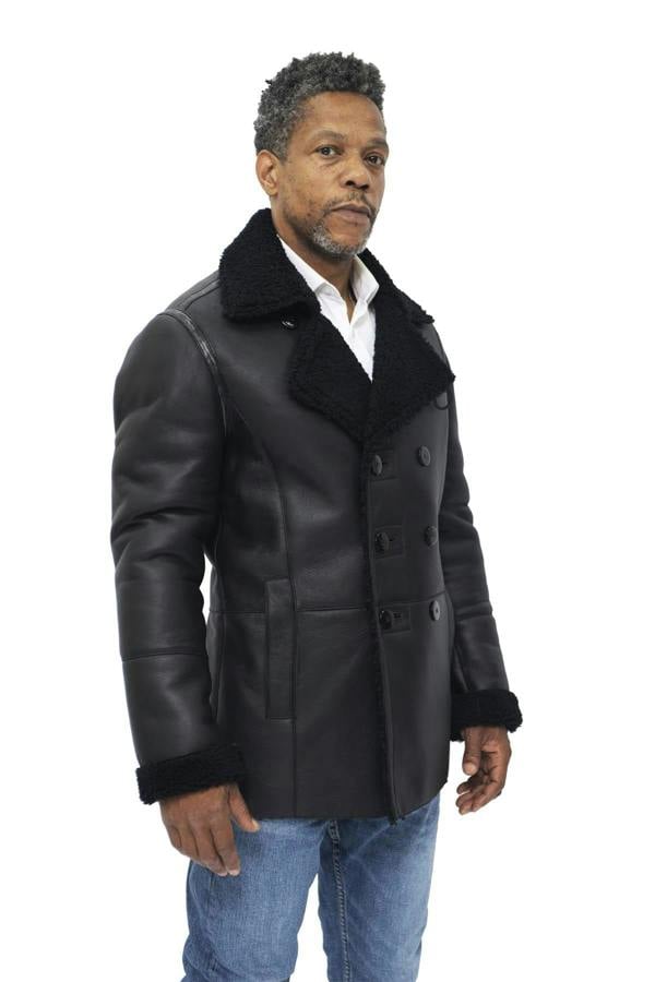 Infinity Leather Mens Double Breasted Shearling Sheepskin Pea Coat-Valencia