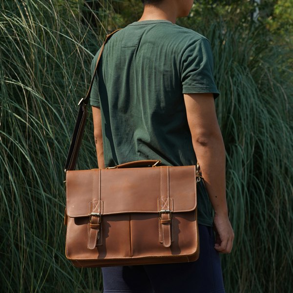 Touribag Worn Look Genuine Leather Briefcase - Brown