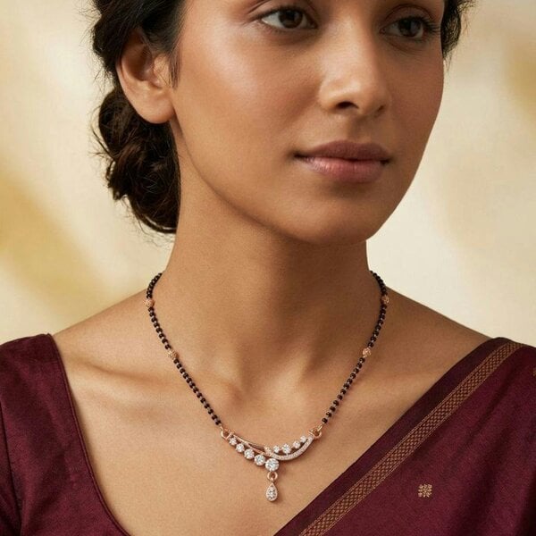 The Colourful Aura Rose Gold Plated CZ Crystal Floral Sweep Mangalsutra Black Bead Necklace 18 Inch