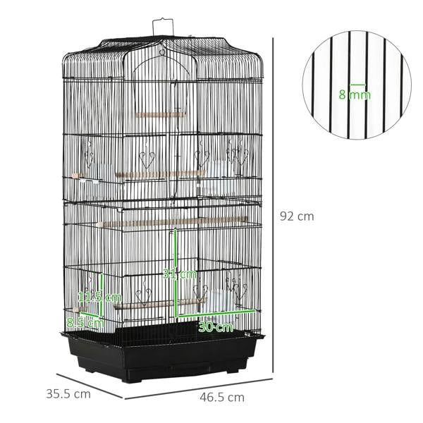 Large black metal bird cage with height and width measurements shown