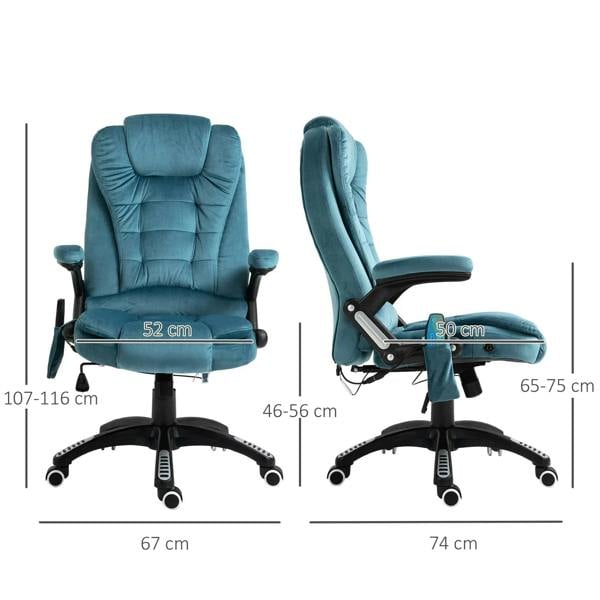 Blue velvet office chair with recline views, headrest, and rolling swivel base
