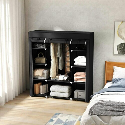 Portable Wardrobe, Foldable Fabric Wardrobe, 150 x 43 x 162.5cm, Clothes Storage Organiser - Hanging Rail, Shelves, Fabric Cover, Black