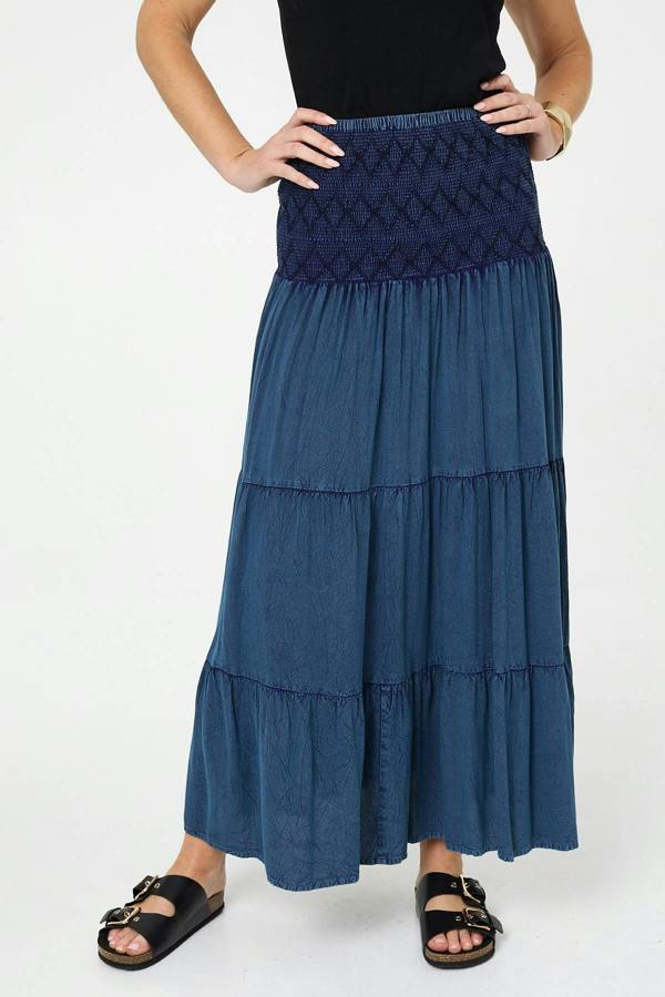Blue | Elasticated High Waist Tiered Maxi Skirt
