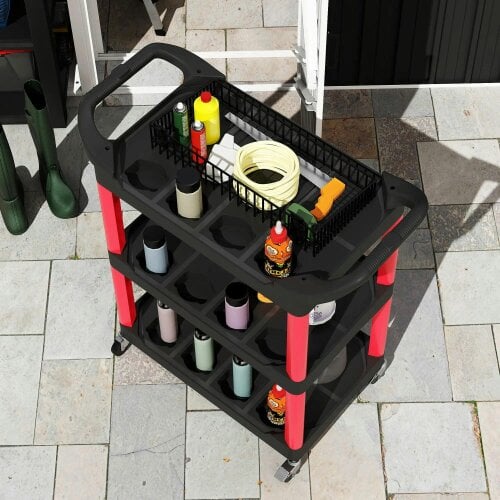 Bobobiy 3-Tier Rolling Tool Cart, Plastic Mobile Service Utility Cart with Handles for Garage, Mechanics and Warehouse, 91kg Capacity, Black and Red