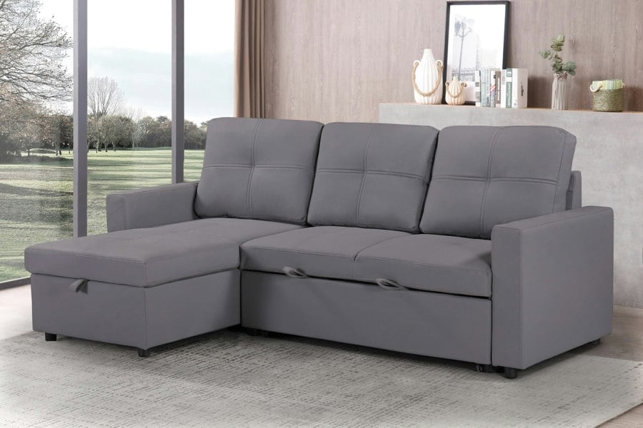 SQUAREBOXX Newport Leather 3 Seater Pullout Sofa Bed in Grey with Storage Compartment