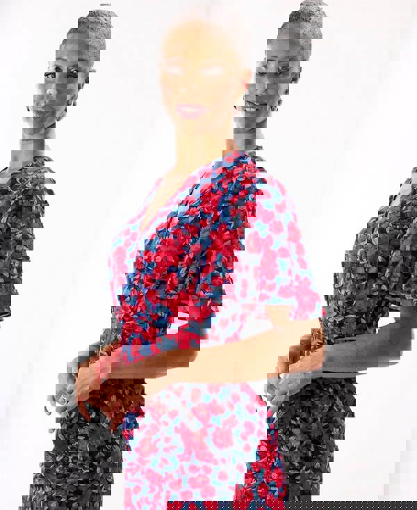 Red Floral Wrap Midi Dress