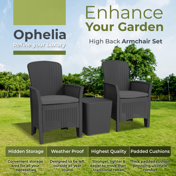 Homeology OPHELIA 3-Piece Rattan Garden Furniture High Back Armchair Set with Side Table in Black