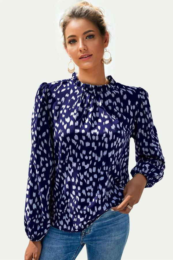 FS Collection Animal Print Frill Detail High Neck Top In Navy