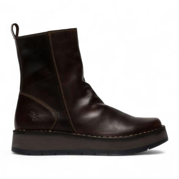Fly London Womens Dark Brown RENO053FLY Leather Zip Up Platform Comfort Ankle Boots