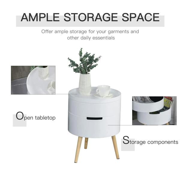 White round storage table with open top compartment and black handle slot