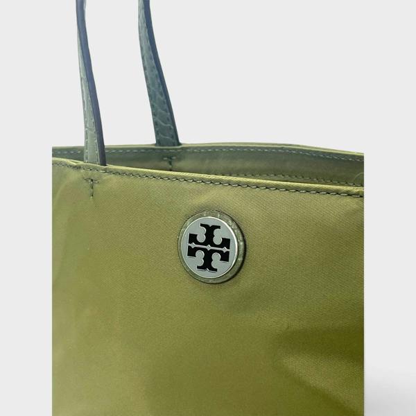 Tory Burch Nylon Mixed Materials Mini Tote Bag Green Khaki
