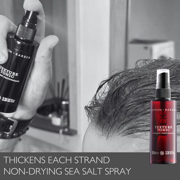 Texture tonic being sprayed on hair with benefits text