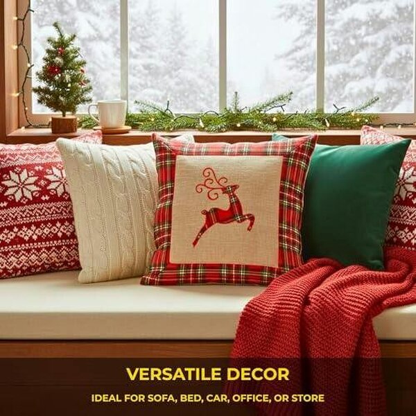 Shatchi 40x40cm 40x40cm Reindeer Print Christmas Cushion Cover in Brown Hessian and Non-Woven