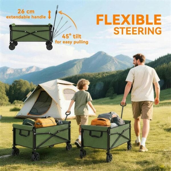 Bobobiy 81L Festival Trolley on Wheels, Compact Garden Folding Trolley Cart with Adjustable Handle 80L Green