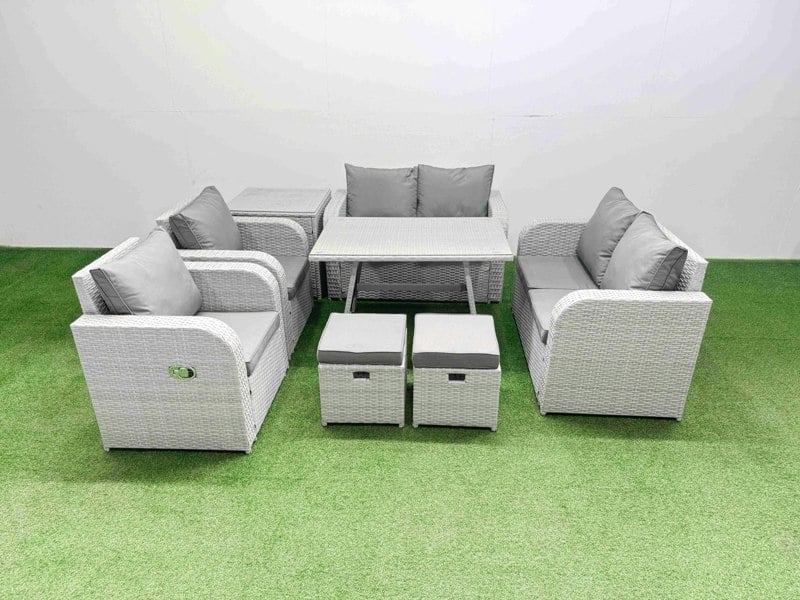 Fimous 8 Seater Rattan Garden Furniture Set Outdoor Love Sofa Set with Rectangular Dining Table Side Table 2 Small Footstools Light Grey
