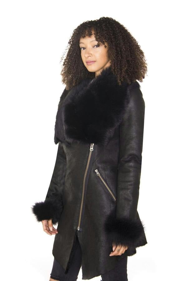 Infinity Leather Womens Black Merino Shearling Coat with Toscana Collar-Romford