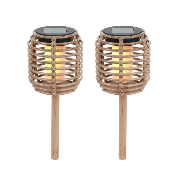 Gardenwize Pack of 2 Solar Rattan Effect Stake Lights – Warm White LED Flame Effect