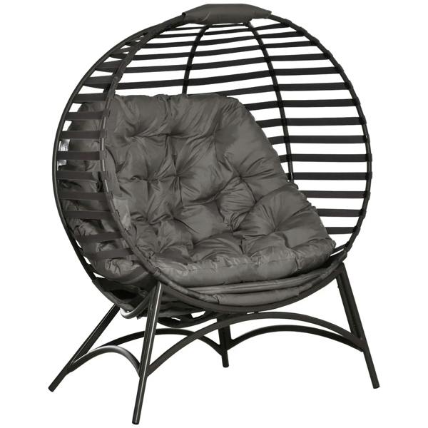 Egg chair with gray tufted cushion and black striped back frame