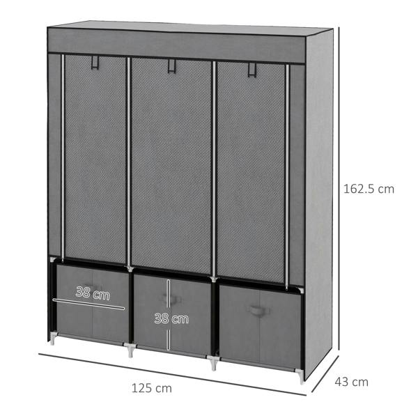 Dark grey foldable wardrobe with three front storage drawers and fabric door panels