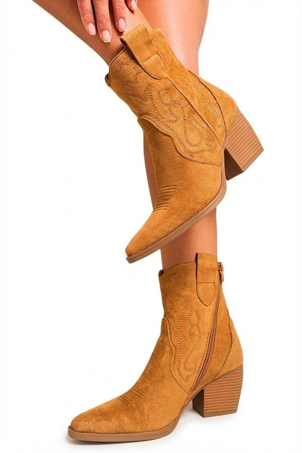 Laura Suede Cowboy Ankle Length Boots - Camel_wb
