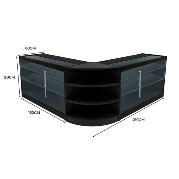 Black Apollo LED Shop Counter Set with glass shelves, curved design, dimensions 210cm x 150cm x 90cm, ideal for retail displays