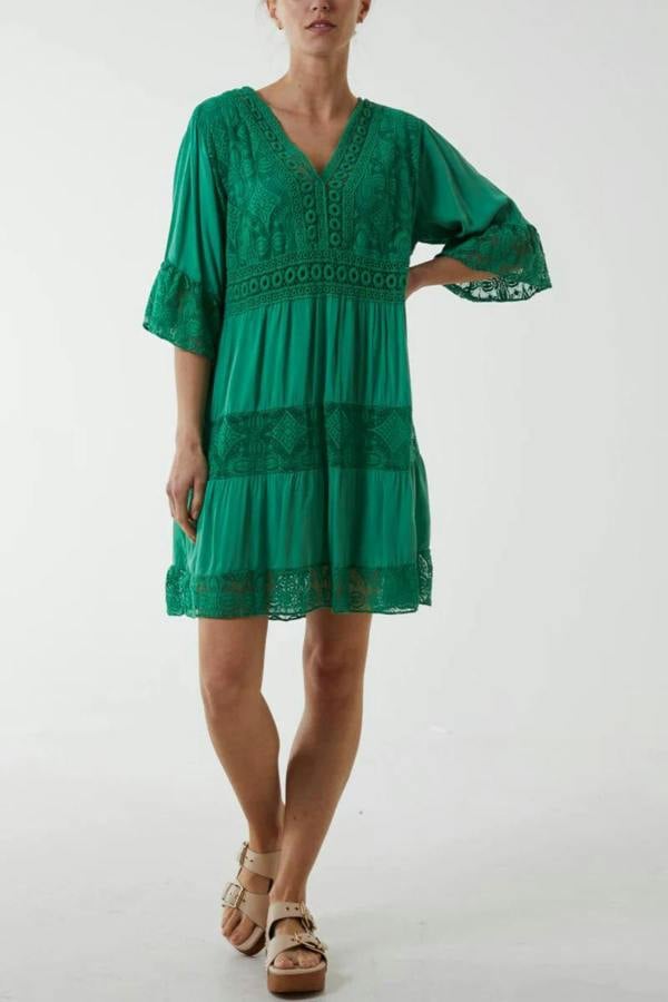 Hoxton Gal Oversized 3/4 Sleeves Lace Detailed V Neck Mini Dress in Green