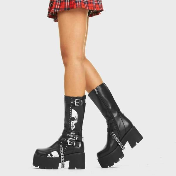 Lamoda Cemetery Gates Gothic Skull Detail Black PU Flats Stylish Women Shoes