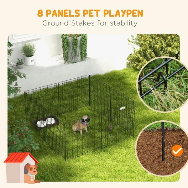 Black eight-panel metal dog playpen with ground stakes for added stability