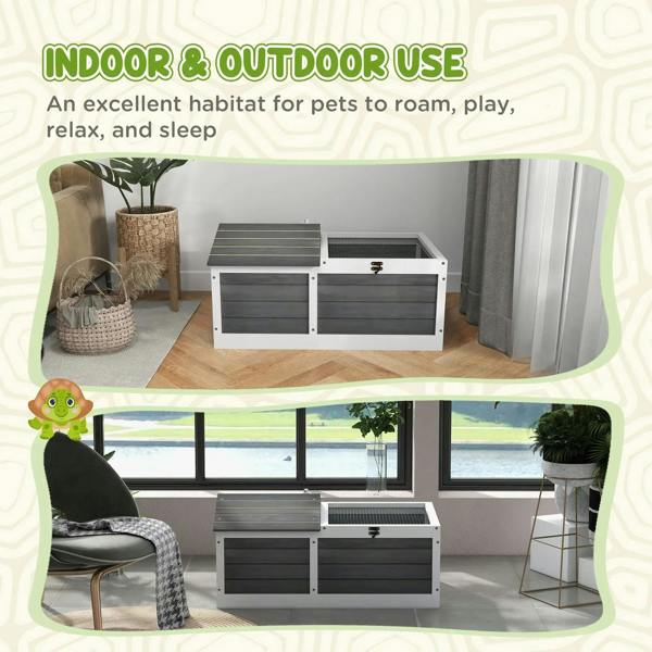 Dark grey wooden pet reptile shelter with two front doors and open wire-mesh top