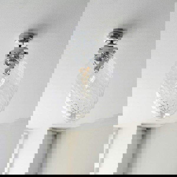 Decorative Flush Bathroom Ceiling Light Fitting - Clear Spiral Glass Shade
