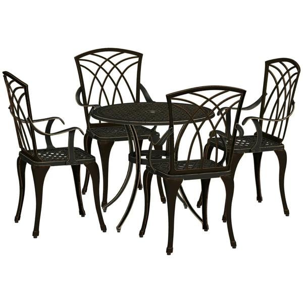 Bronze cast aluminum outdoor dining set: 4 armchairs and round table with woven tops