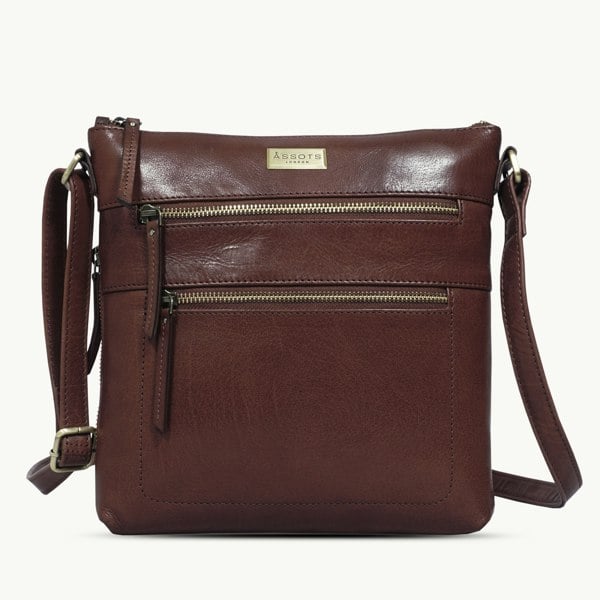 Assots London 'CORI' Brown Polished VT Real Leather Crossbody Bag