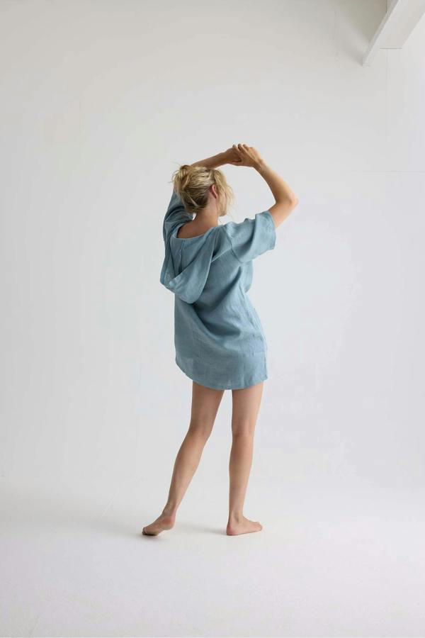 Pretty You London Relaxed Linen Hooded Tunic In Blue Haze