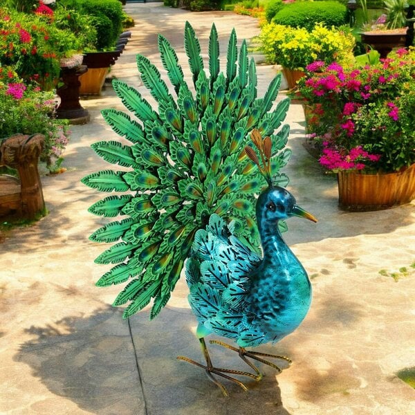 EDH Door Hardware Vibrant Emerald Peacock (48cm x 43cm x 21cm) – Handcrafted Decorative Peacock Garden Ornament Farmyard Statue