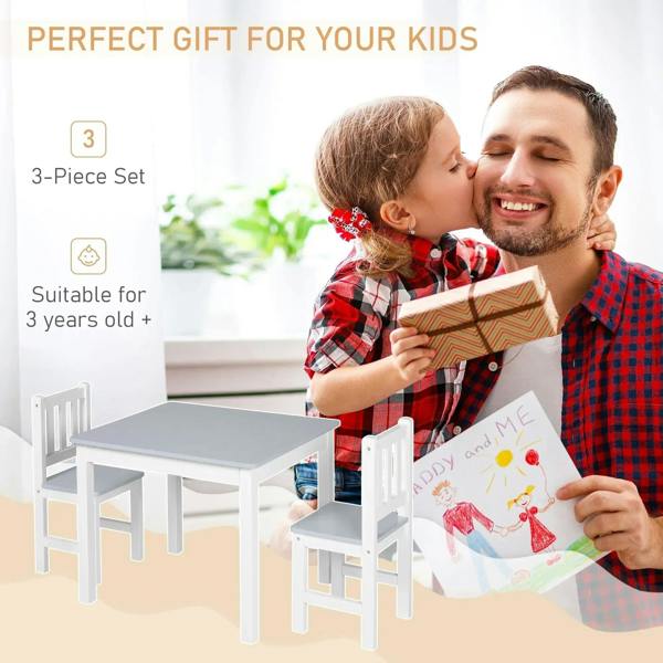 3-piece kids table and chair set with grey tabletop and two white chairs