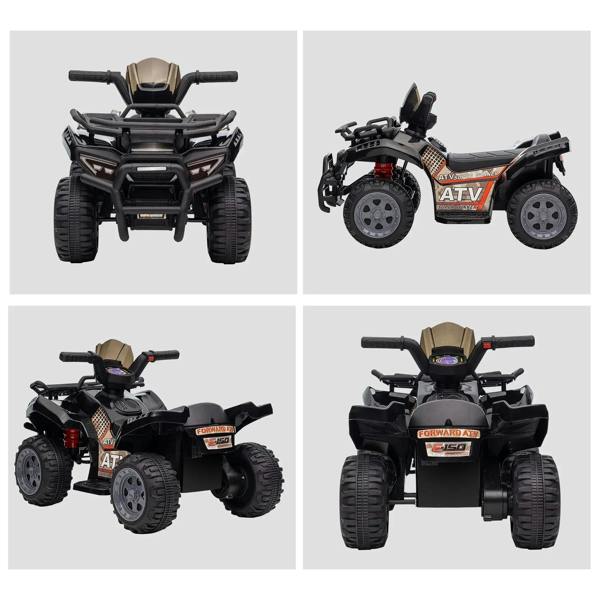 Black kids ride-on ATV car with tan seat, sporty graphics, four wheels